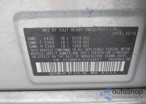 2013 Subaru Legacy 2.5I Premium из США, поврежденный, VIN 4S3BMBH61D3038651